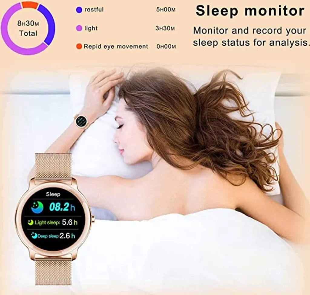 Schlafmonitor-App zeigt Diagramme, während eine Frau mit Smartwatch schläft.