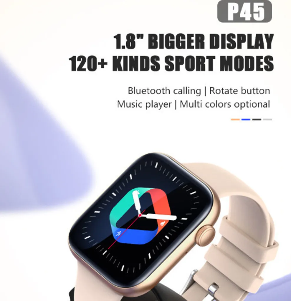 P45 Smartwatch mit 1,8 Zoll Display, Sportmodi und Bluetooth-Anrufen auf hellem Hintergrund.