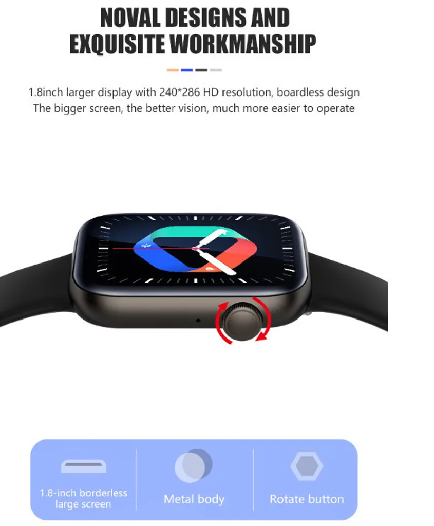 Smartwatch mit 1,8-Zoll-Display, Metallgehäuse und rotierendem Knopf in Großaufnahme.