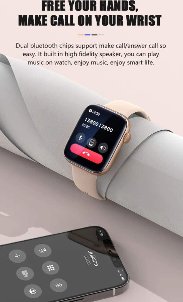 Eine beigefarbene Smartwatch auf gerolltem Papier zeigt eine Anrufoberfläche, unten ein Smartphone.