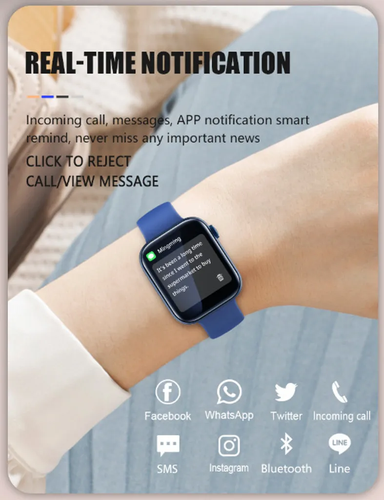 Blaue Smartwatch am Handgelenk mit Textnachricht und App-Symbolen.