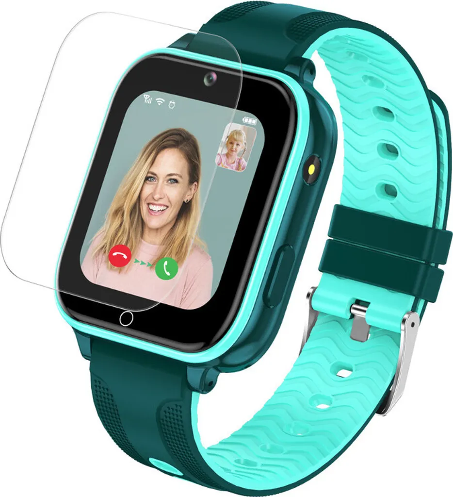 Eine türkisfarbene Smartwatch mit Displayschutz zeigt den Videoanruf einer Frau und eines Kindes.