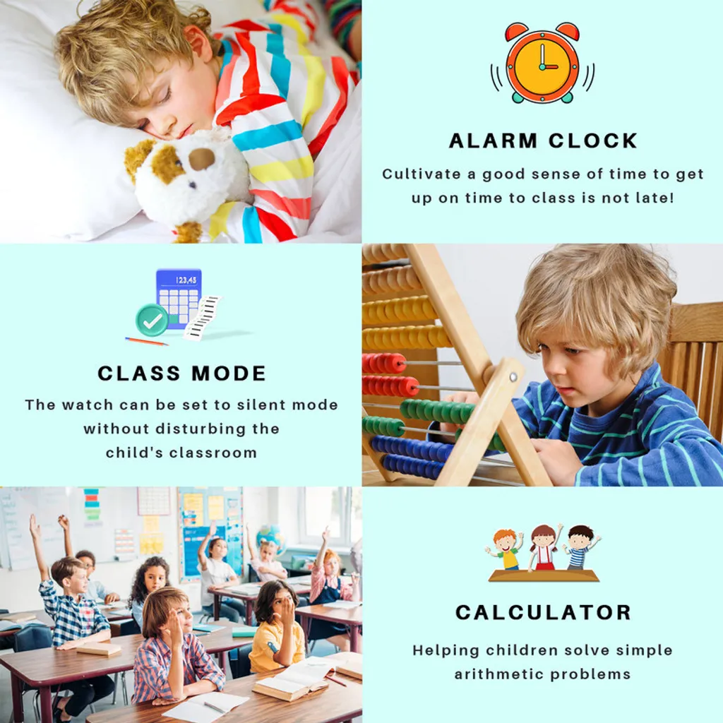 Collage zeigt Kinder, Uhrensymbole und Lernfunktionen wie Wecker, Schulmodus und Rechner.