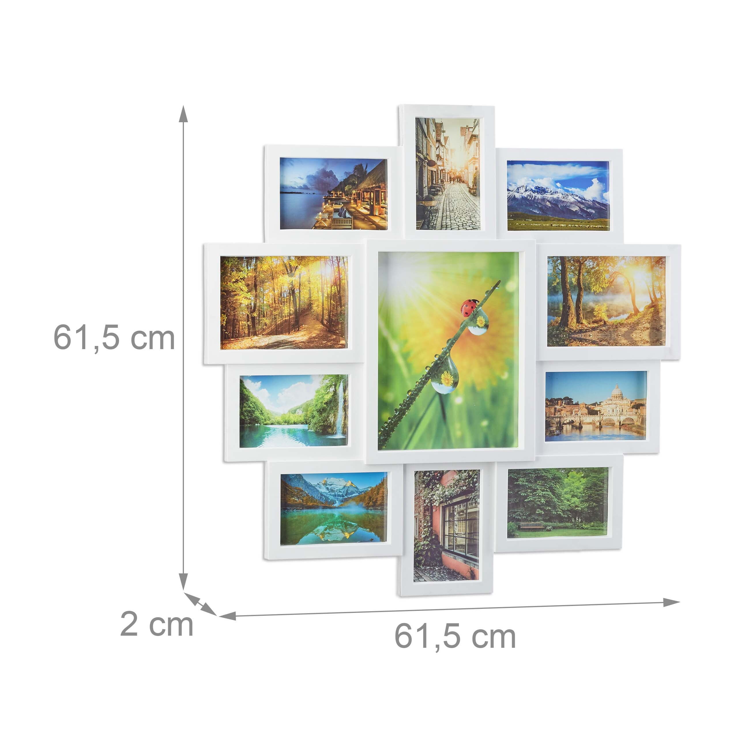 Ein weißer Multi-Fotorahmen mit verschiedenen Landschaftsbildern und Abmessungen von 61,5x61,5x2 cm.