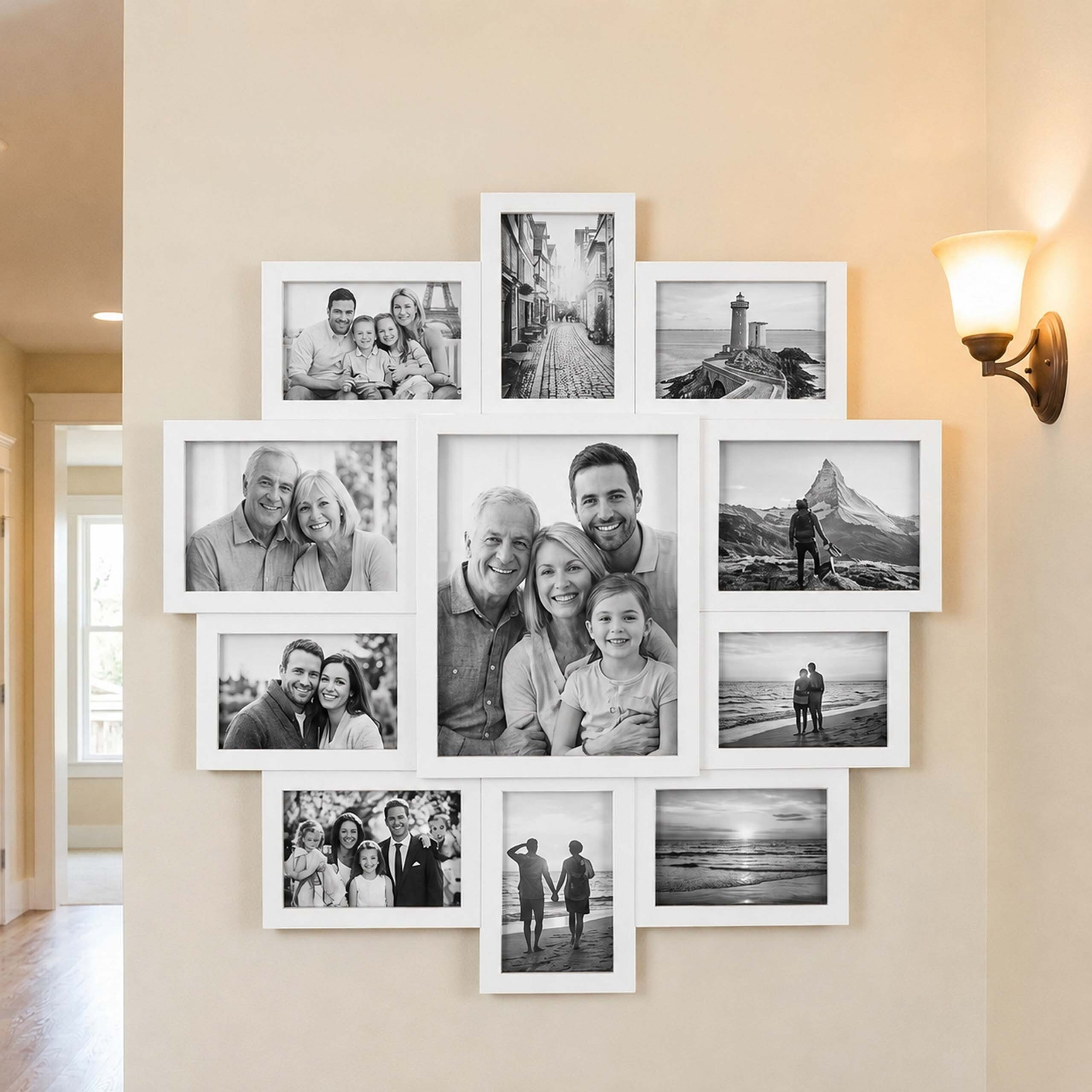 Eine Collage aus weiß gerahmten Schwarz-Weiß-Fotos zeigt Familienporträts und Landschaften an einer Wand.