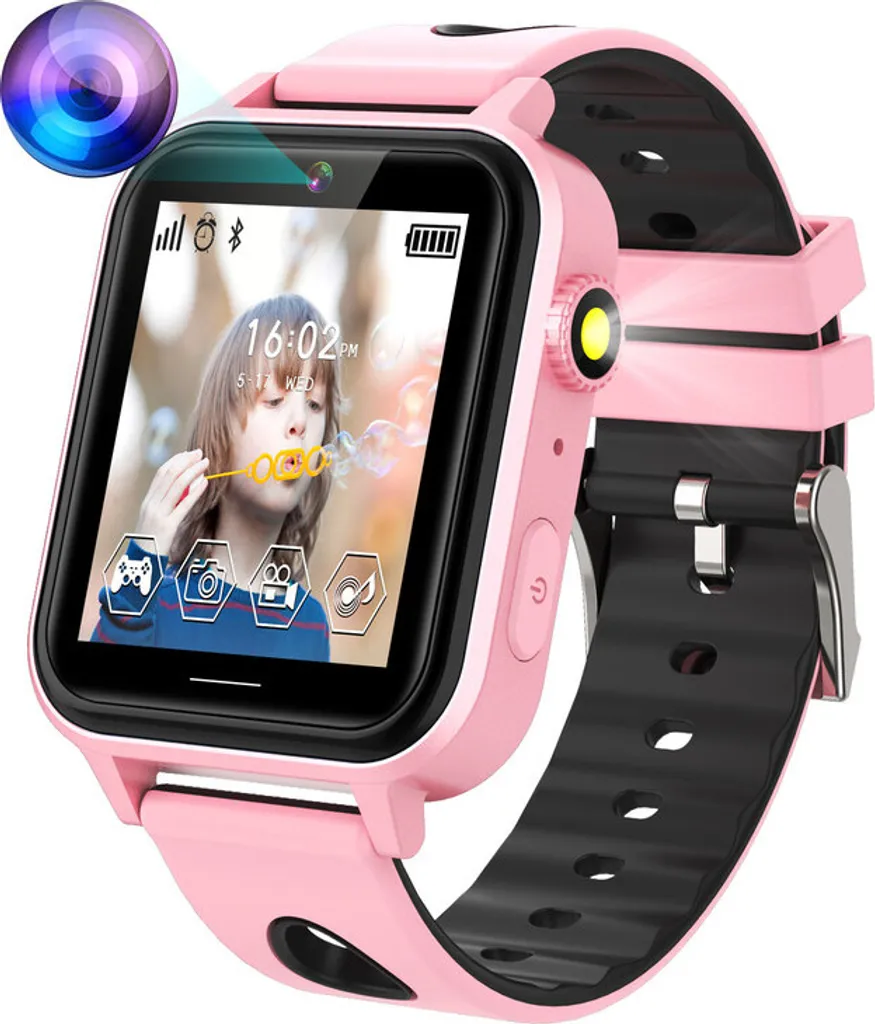 Eine rosa Kinder-Smartwatch mit schwarzem Armband und einem Display, das ein kindliches Motiv zeigt.