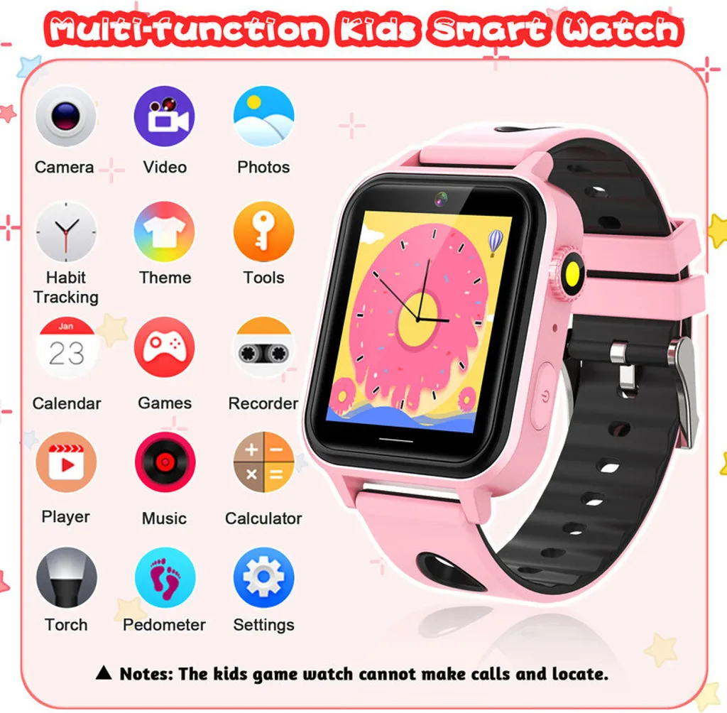 Eine rosa Kinder-Smartwatch mit Symbolen für Kamera, Spiele und Tools.