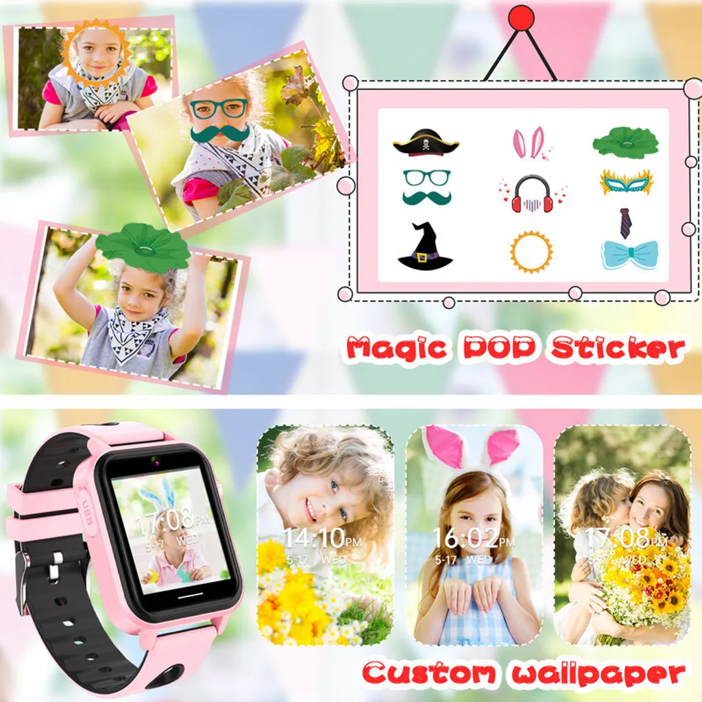 Eine rosa Kinder-Smartwatch mit Kamera, Stickern und benutzerdefinierten Hintergrundbildern.