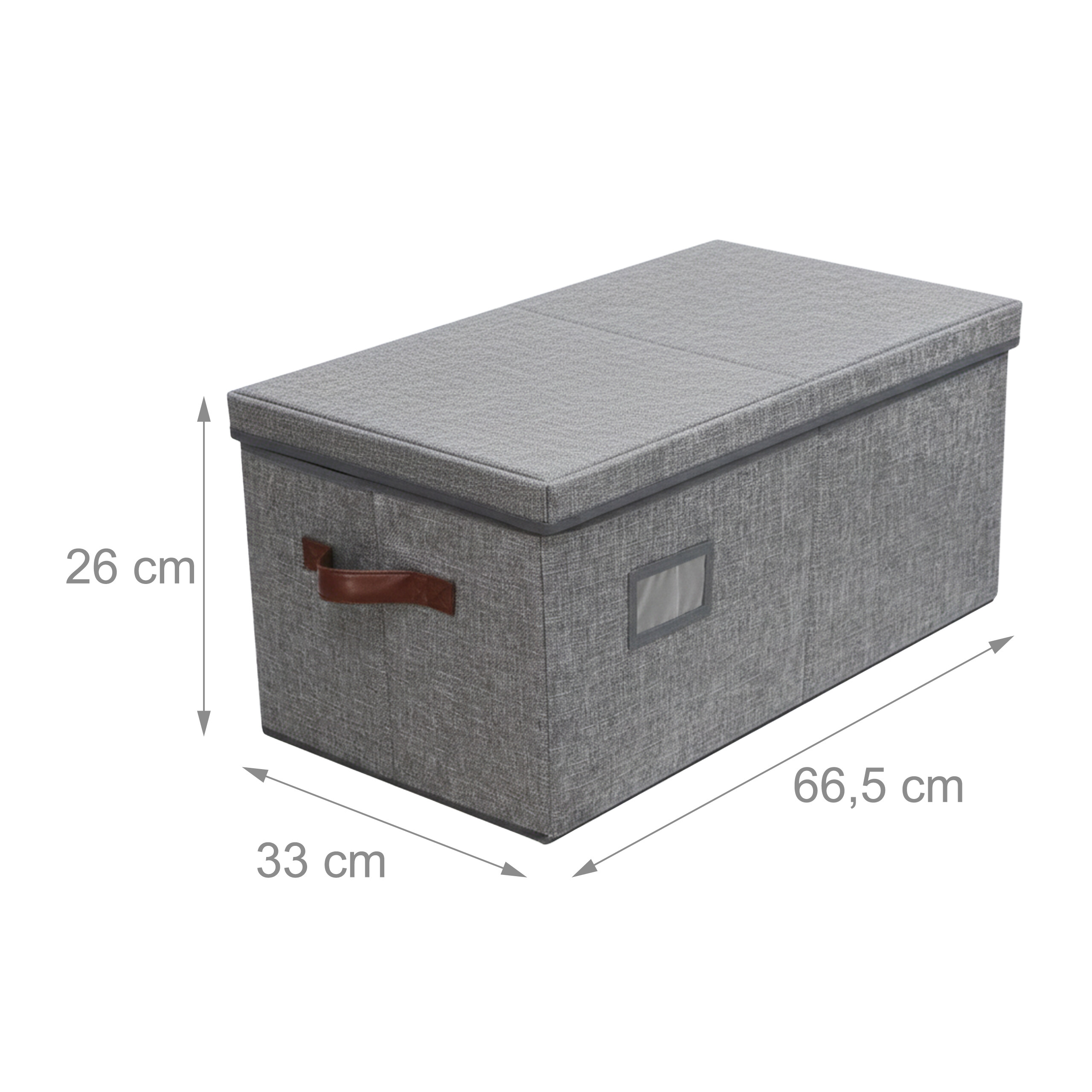 Graue Stoff-Aufbewahrungsbox mit Deckel, braunem Ledergriff und Maßangaben.