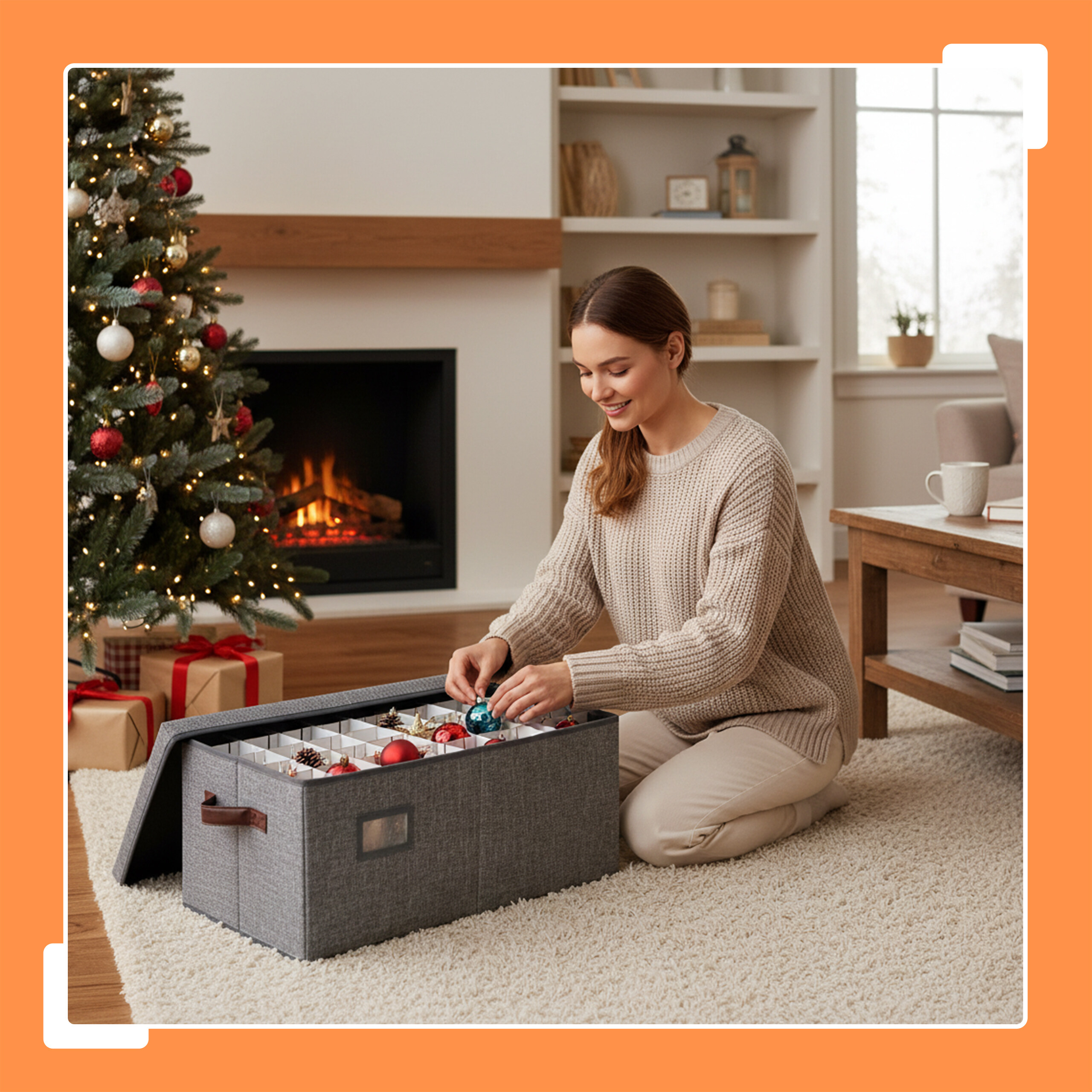 Eine Frau in einem gemütlichen Wohnzimmer sortiert Weihnachtskugeln in eine Kiste.