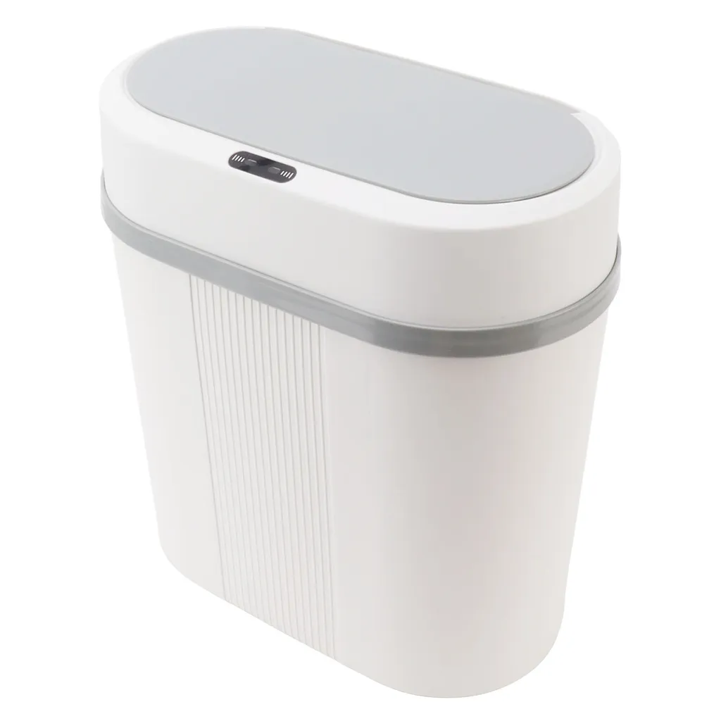 Ein moderner, weiß-grauer Mülleimer mit Sensor und ovaler Form.