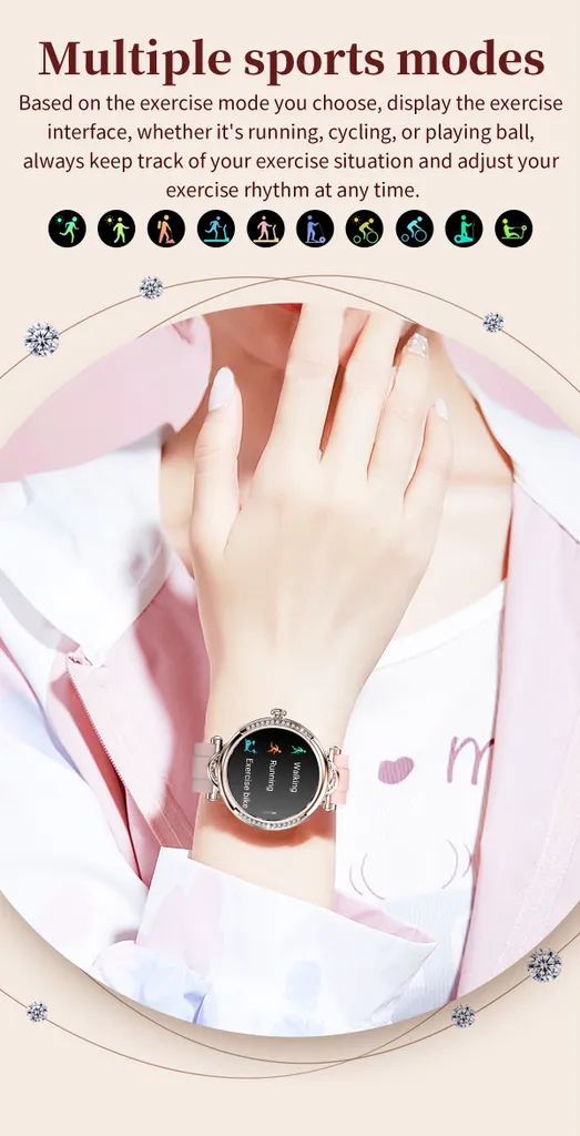 Eine Hand trägt eine smarte Uhr mit Sportmodi auf dem Display vor rosafarbenem Hintergrund.