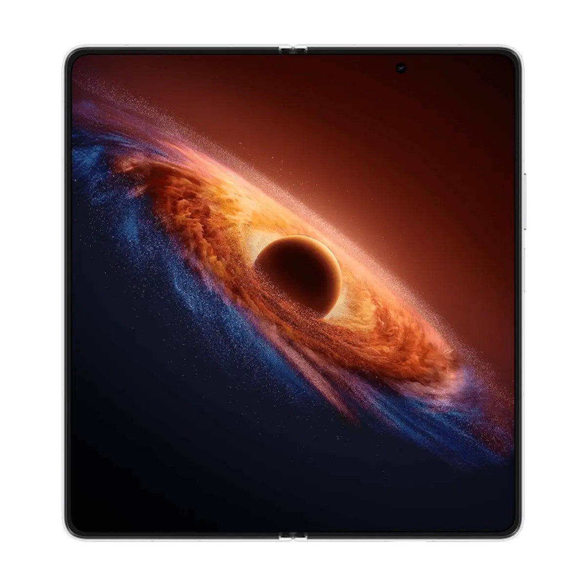 Un teléfono inteligente plegable muestra un fondo de pantalla colorido con una galaxia cósmica y un agujero negro.