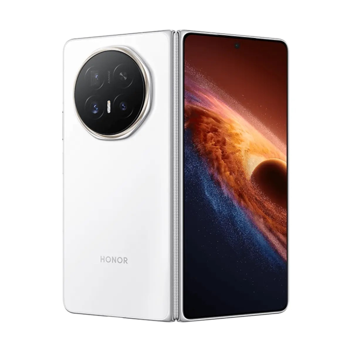 Un smartphone plegable blanco con un gran módulo de cámara redondo en la parte trasera y pantalla brillante delante.