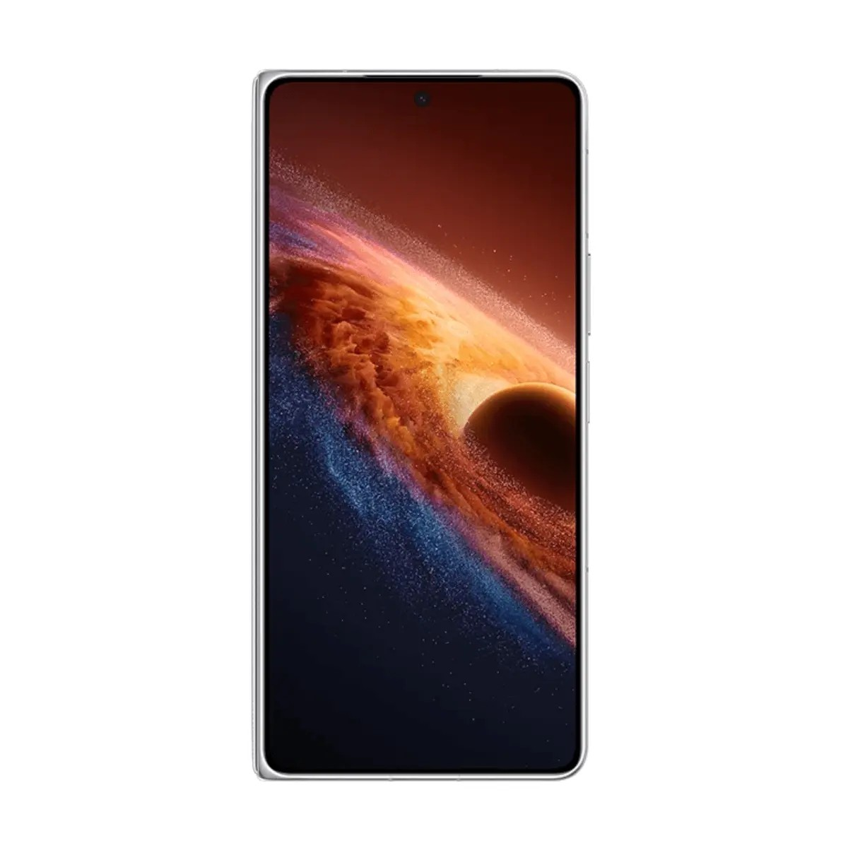 Un smartphone muestra un fondo cósmico con una galaxia espiral y un planeta oscuro sobre un fondo naranja y azul.