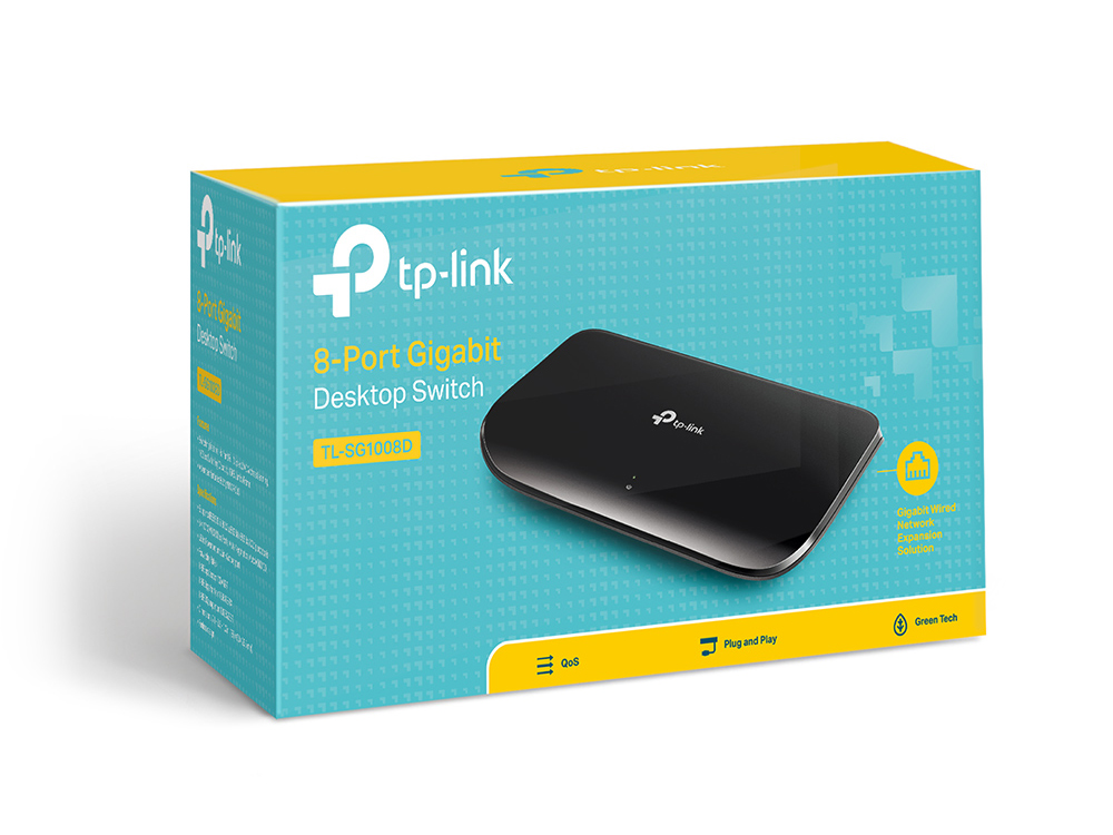 Verpackung eines schwarzen TP-Link 8-Port Gigabit Desktop Switches in Türkis und Gelb.