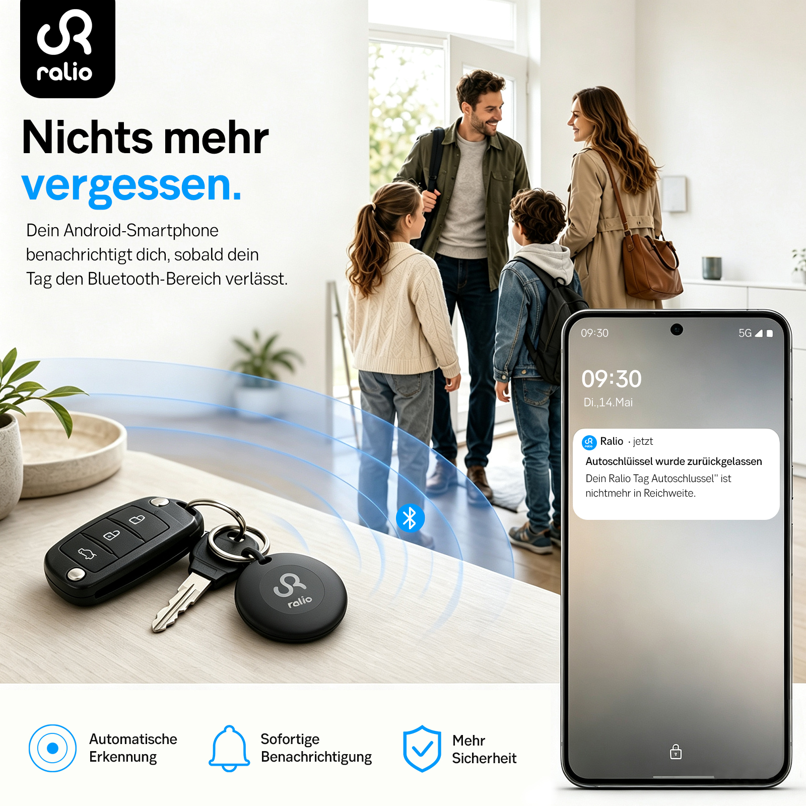 Ein Smartphone zeigt eine Benachrichtigung, dass ein Autoschlüssel mit Ralio-Tracker vergessen wurde.