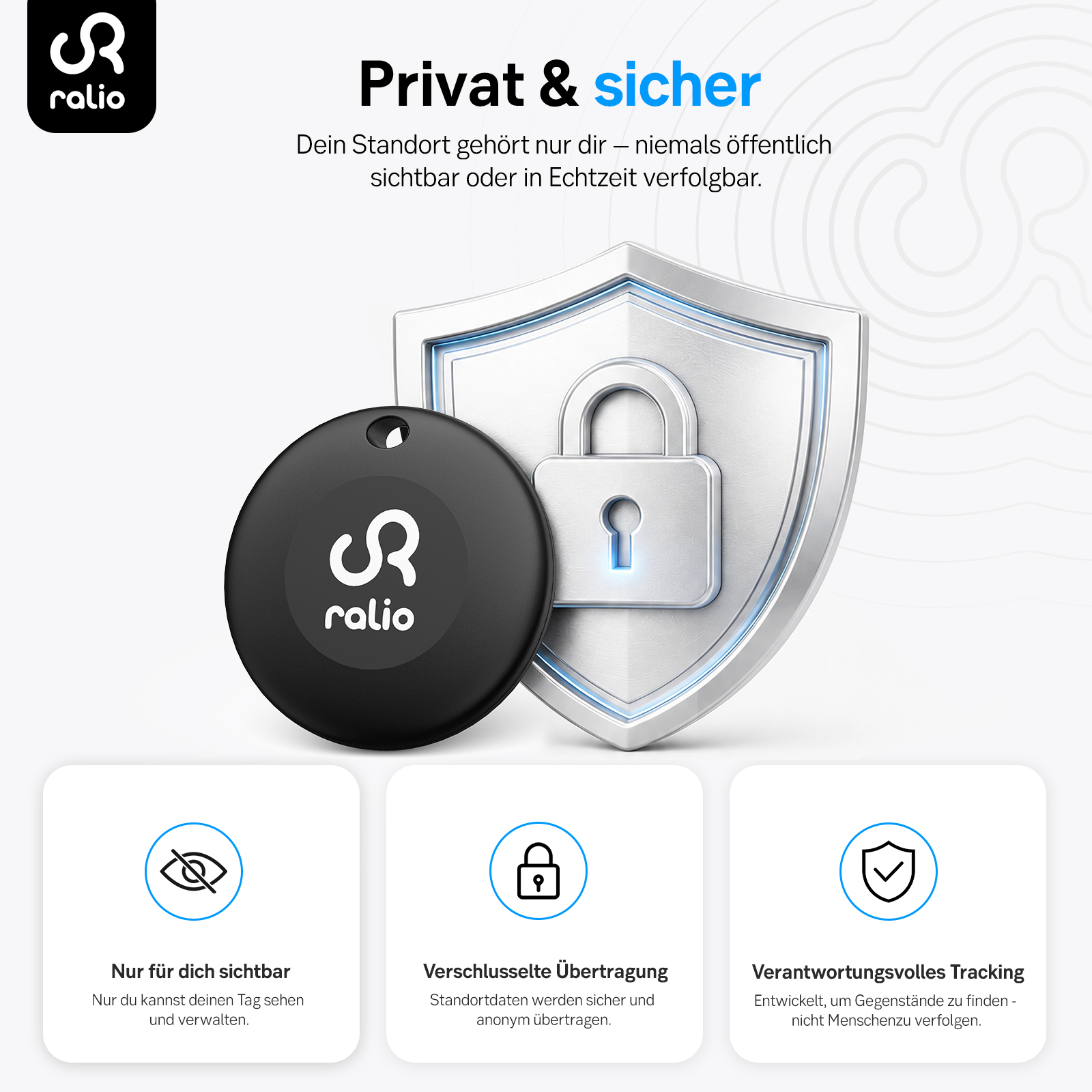 Ein schwarzer ralio Tracker vor einem silbernen Schild und Schloss mit drei Info-Kacheln.