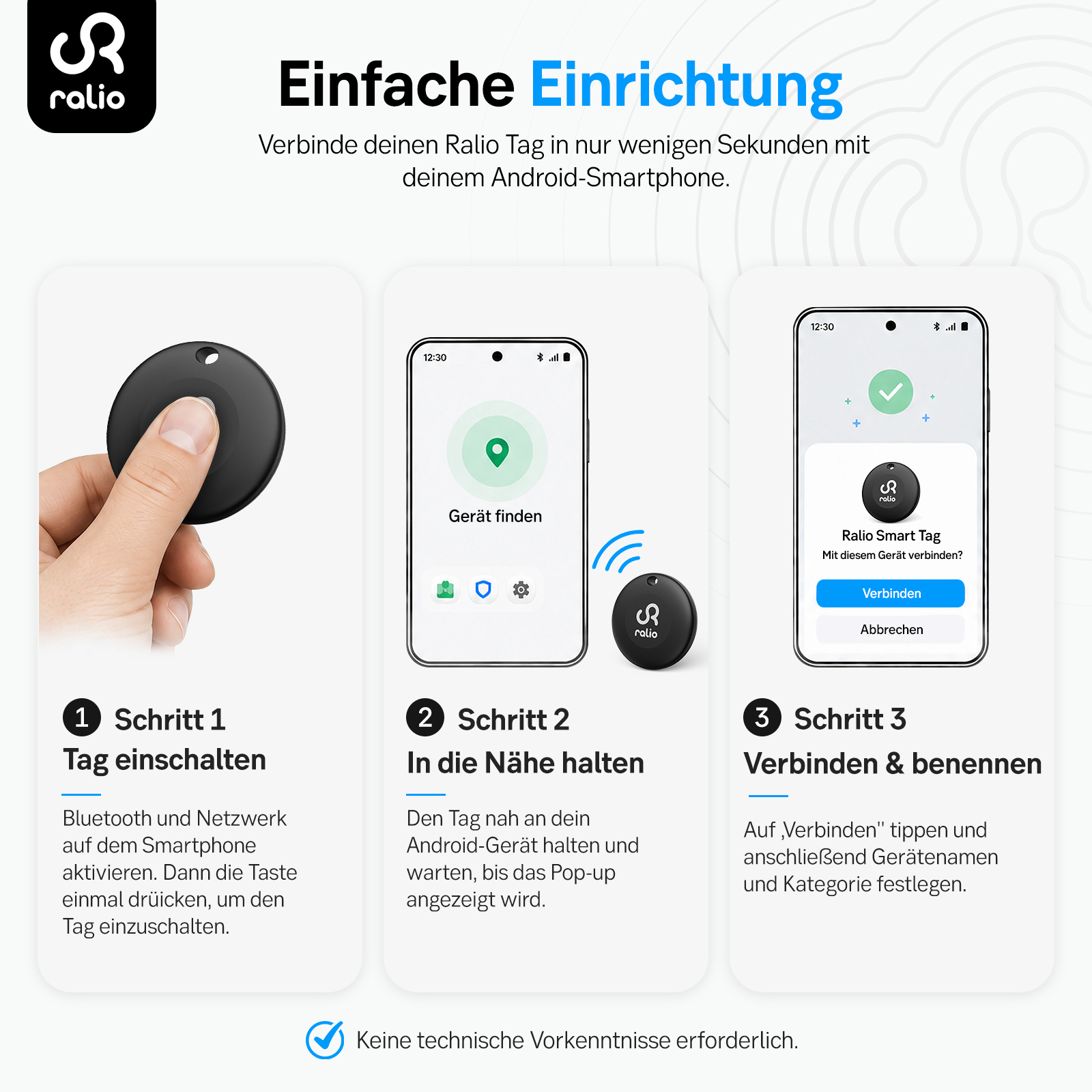 Infografik zeigt drei Schritte zum Verbinden eines Ralio Smart Tags mit einem Android-Smartphone.