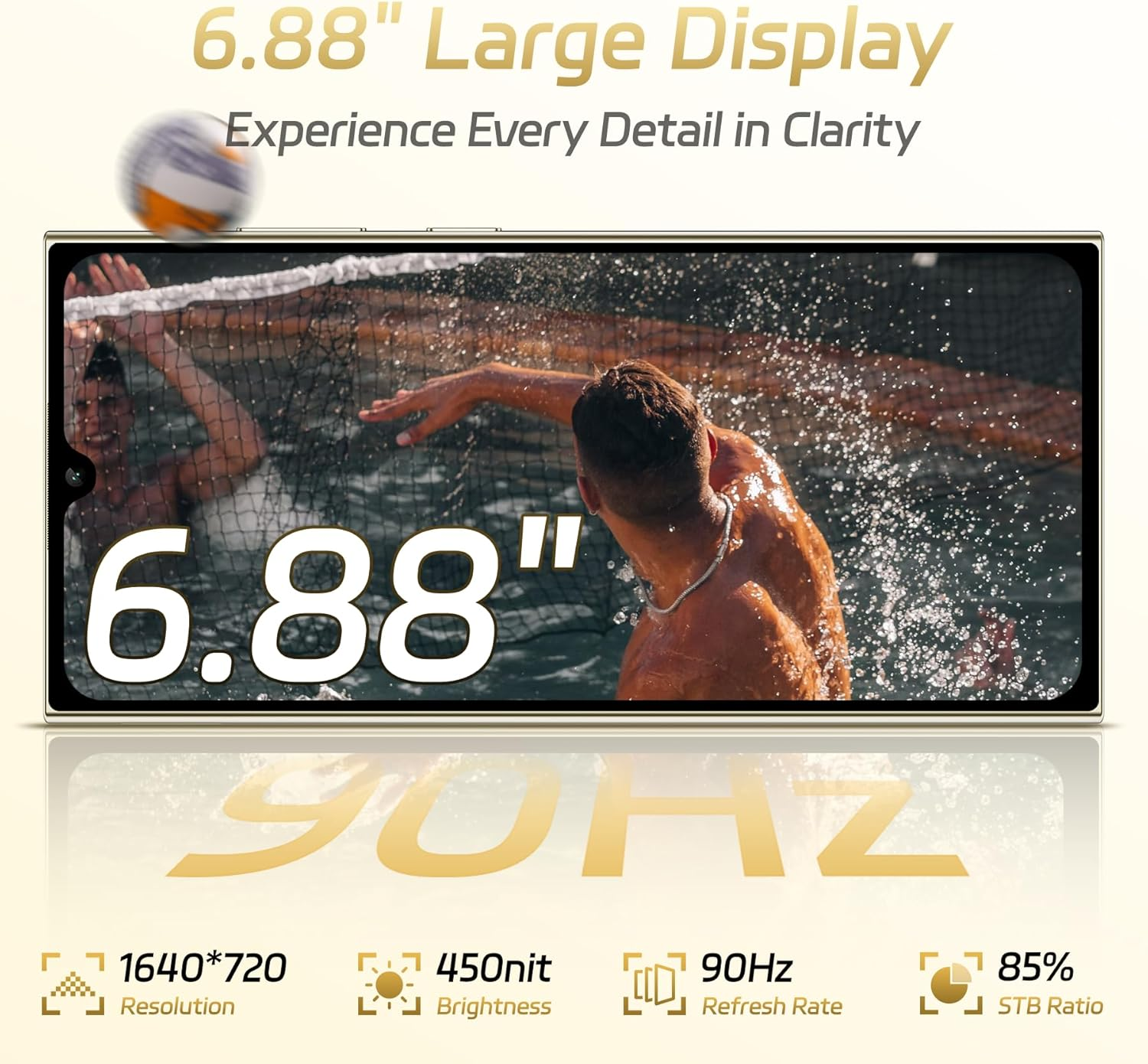 Pantalla de smartphone con partido de vóleibol en piscina y especificaciones.