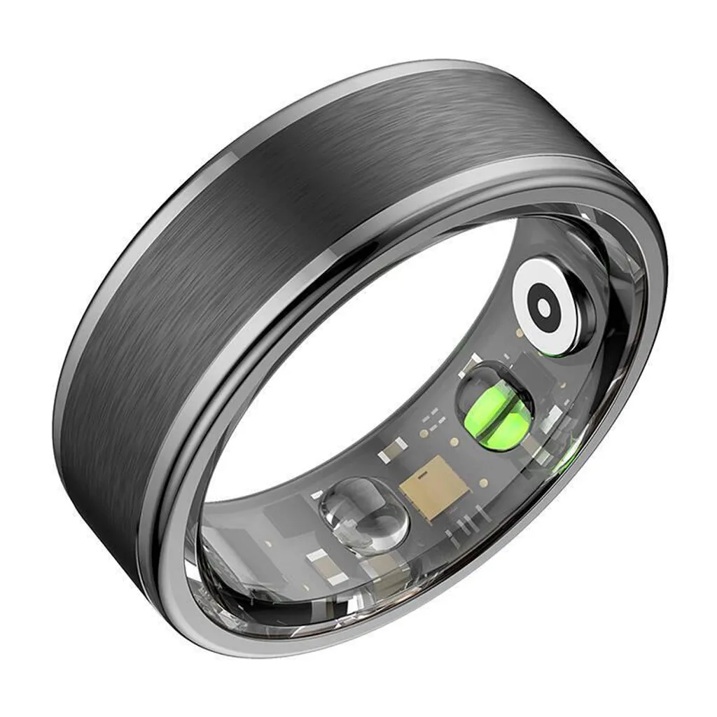 Ein schwarzer Smart Ring mit glänzenden Kanten zeigt elektronische Sensoren und grüne Lichter innen.