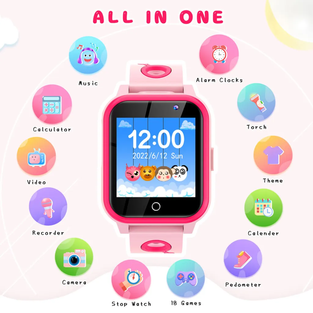 Eine rosafarbene Kinder-Smartwatch, umgeben von runden Symbolen für Musik, Kamera, Spiele und Uhr.