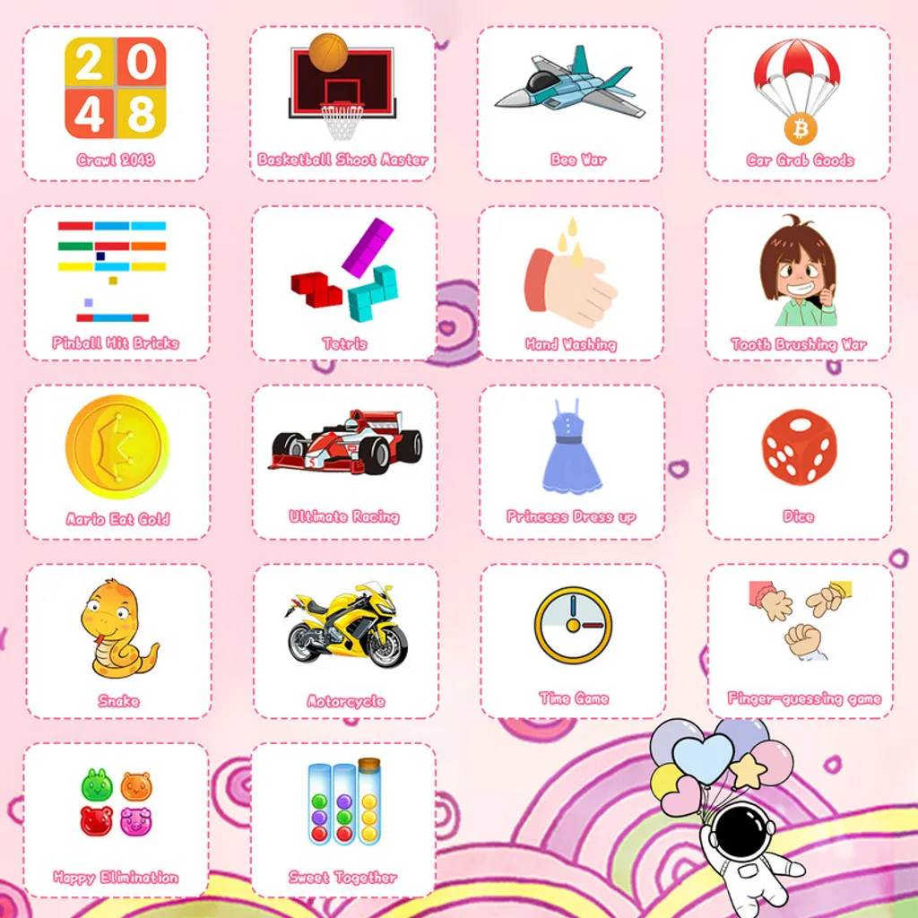 Raster aus sechzehn bunten Symbolen und Spielen auf rosa Hintergrund mit Astronaut und Ballons.