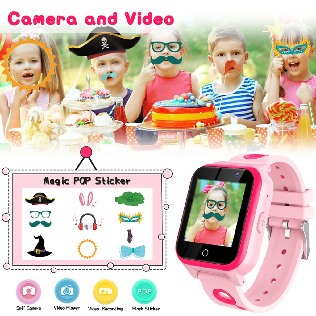 Rosa Kinderuhr mit Kamera, Magic POP Stickern und fünf Kindern auf der Party.