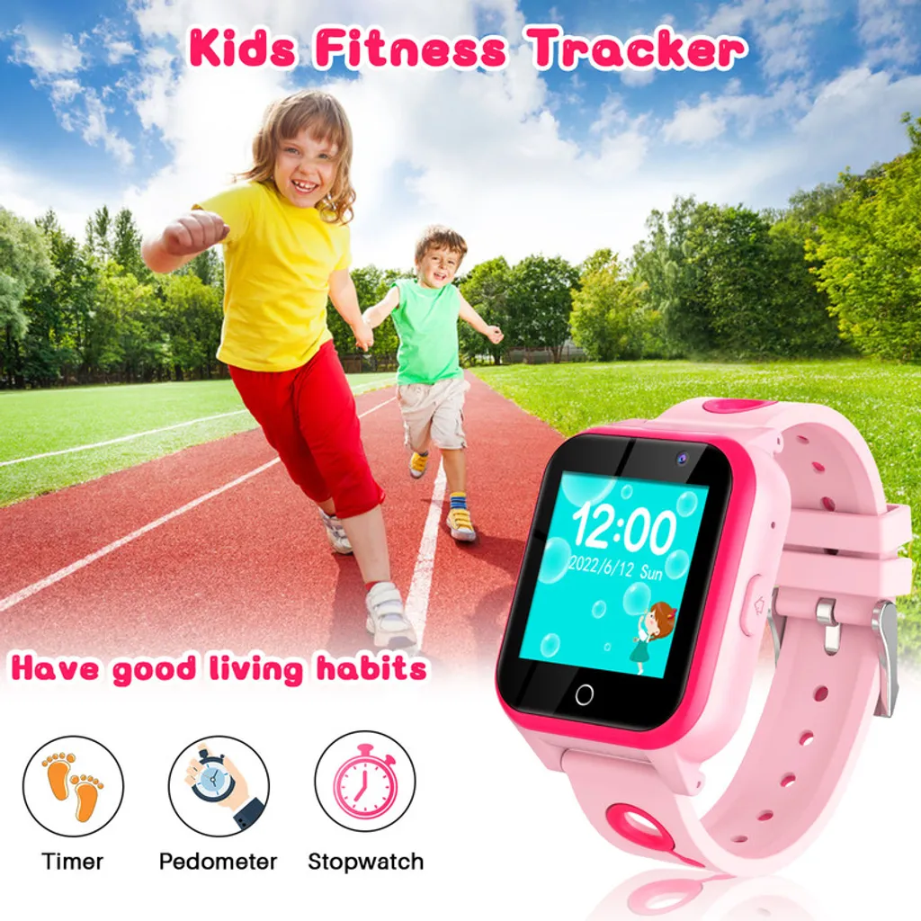 Rosa Kinder-Fitnessuhr vor einer Laufbahn mit zwei glücklichen rennenden Kindern.