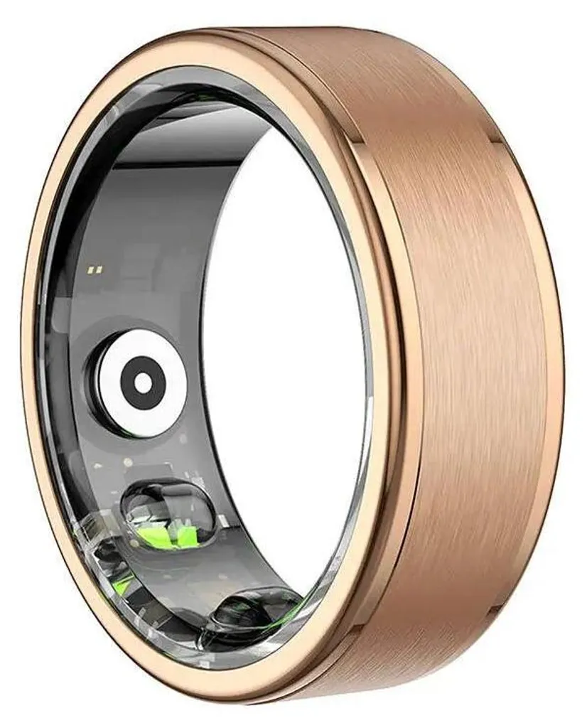 Roségoldener Smart Ring zeigt Innensensoren, darunter ein weißer Kreissensor und grüne LED-Lichter.