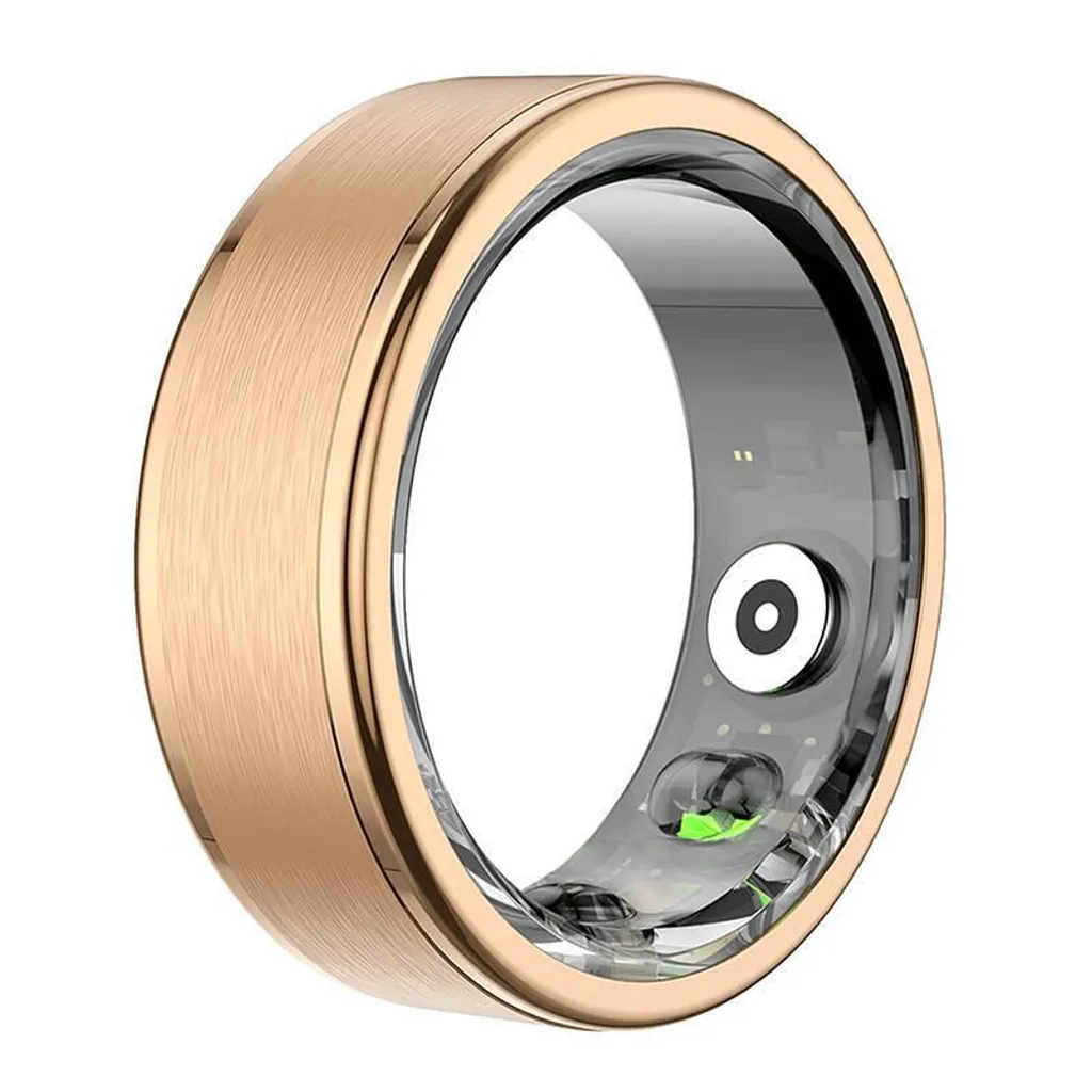 Ein roségoldener Smartring mit sichtbaren Sensoren auf der Innenseite vor weißem Hintergrund.