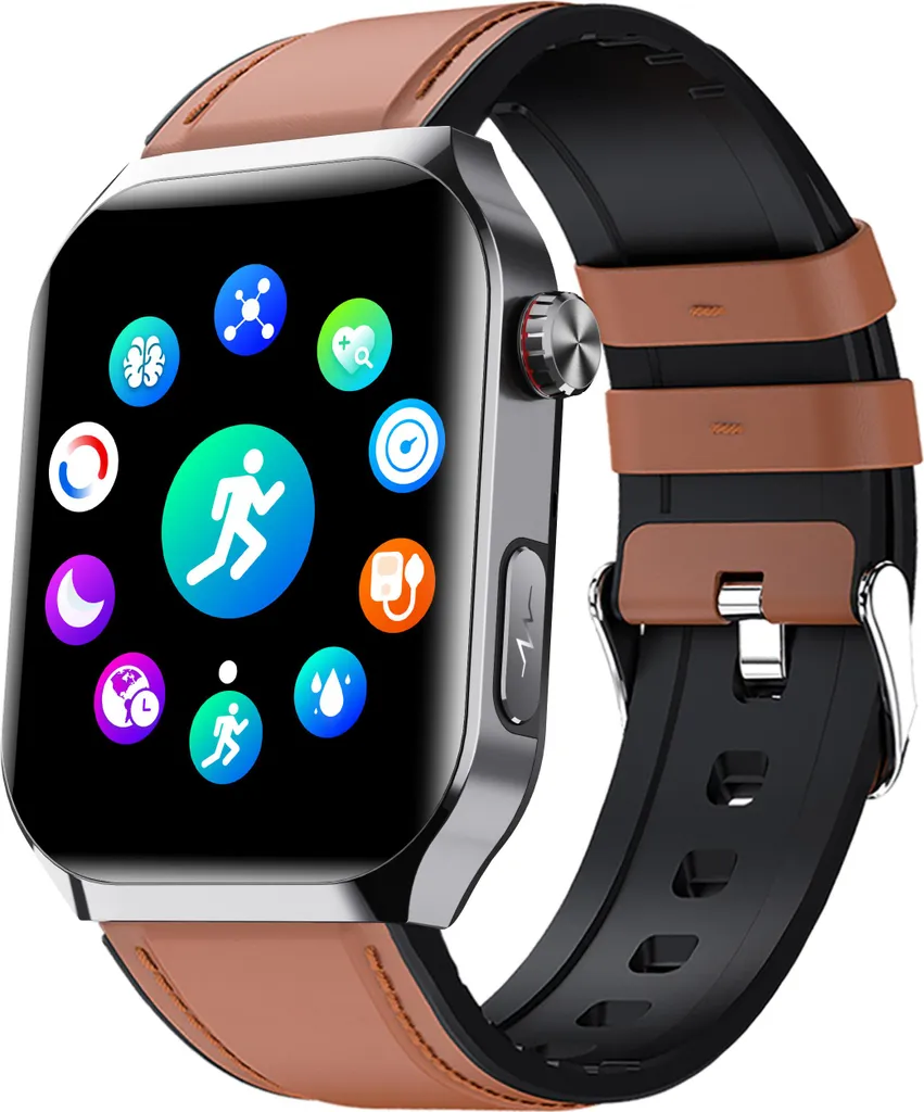 Eine elegante Smartwatch mit quadratischem Silbergehäuse und einem schwarz-braunen Lederarmband.