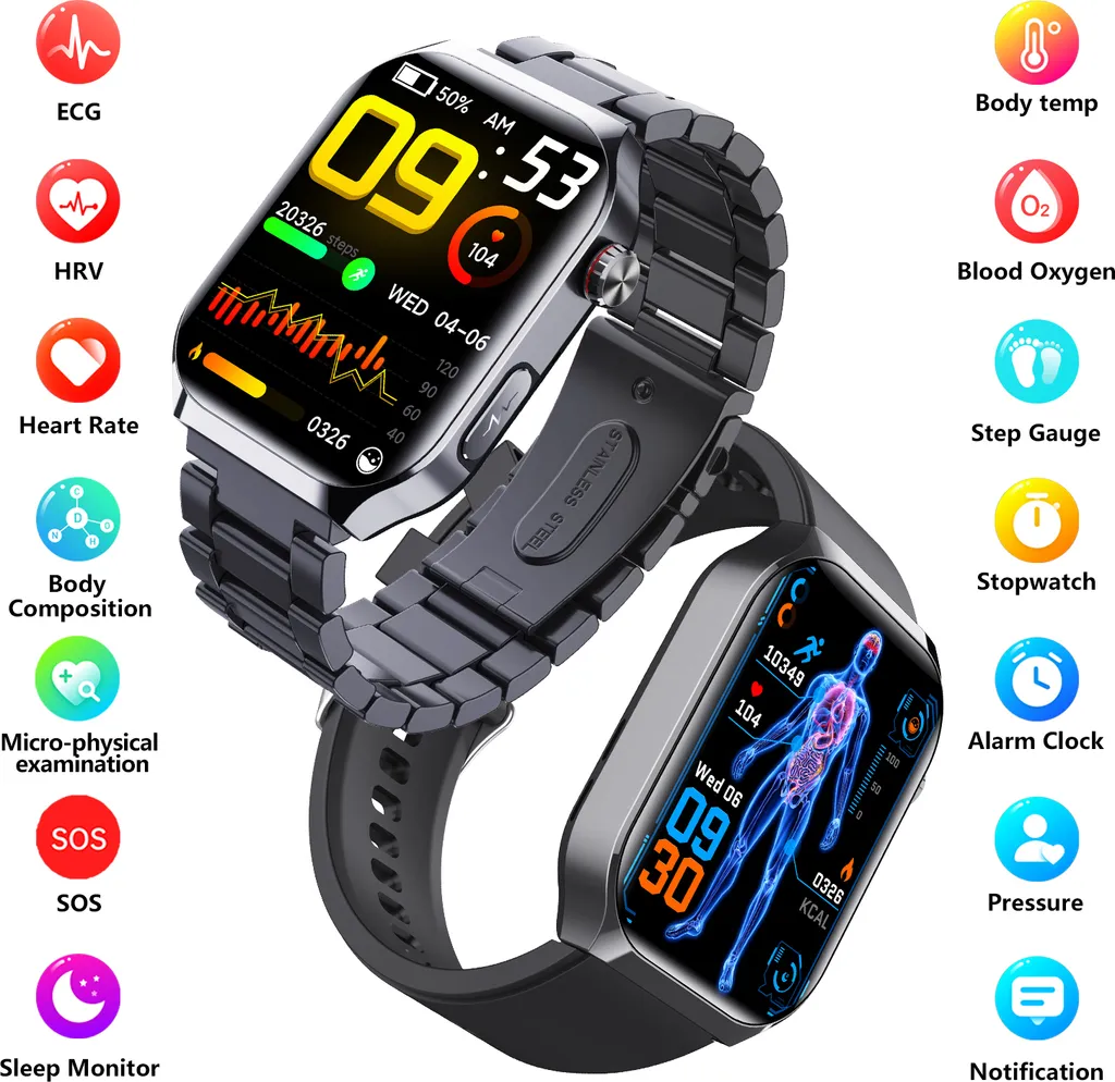 Zwei schwarze Smartwatches mit Gesundheits- und Fitness-Funktionssymbolen auf weißem Hintergrund.