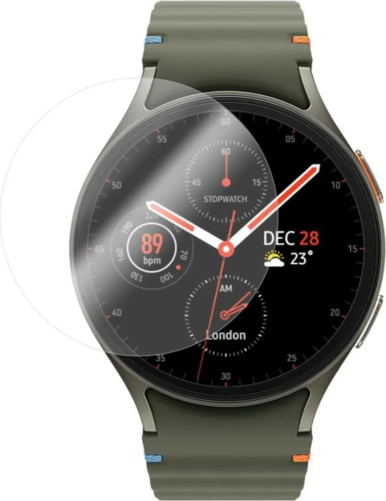 Eine grüne Smartwatch mit schwarzem Zifferblatt und einer runden Schutzfolie auf dem Display.