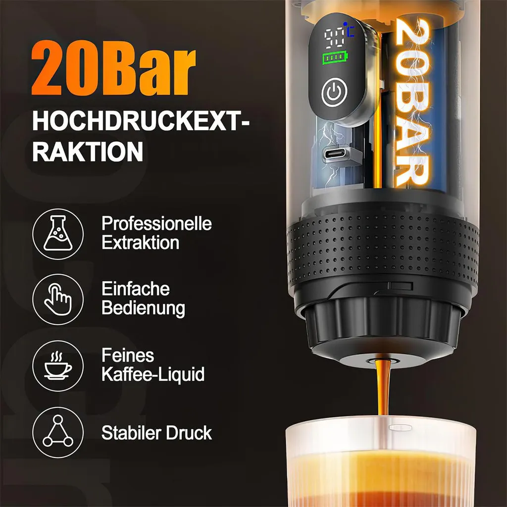 Produktwerbung für eine tragbare 20-Bar-Kaffeemaschine mit digitaler Anzeige und Kaffeestrahl.