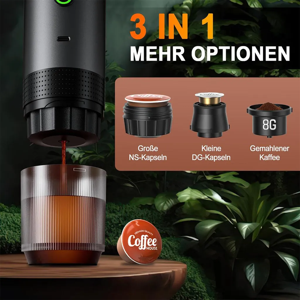 Eine schwarze Kaffeemaschine gießt Kaffee in eine Tasse, mit Einsätzen für drei Kapseltypen.