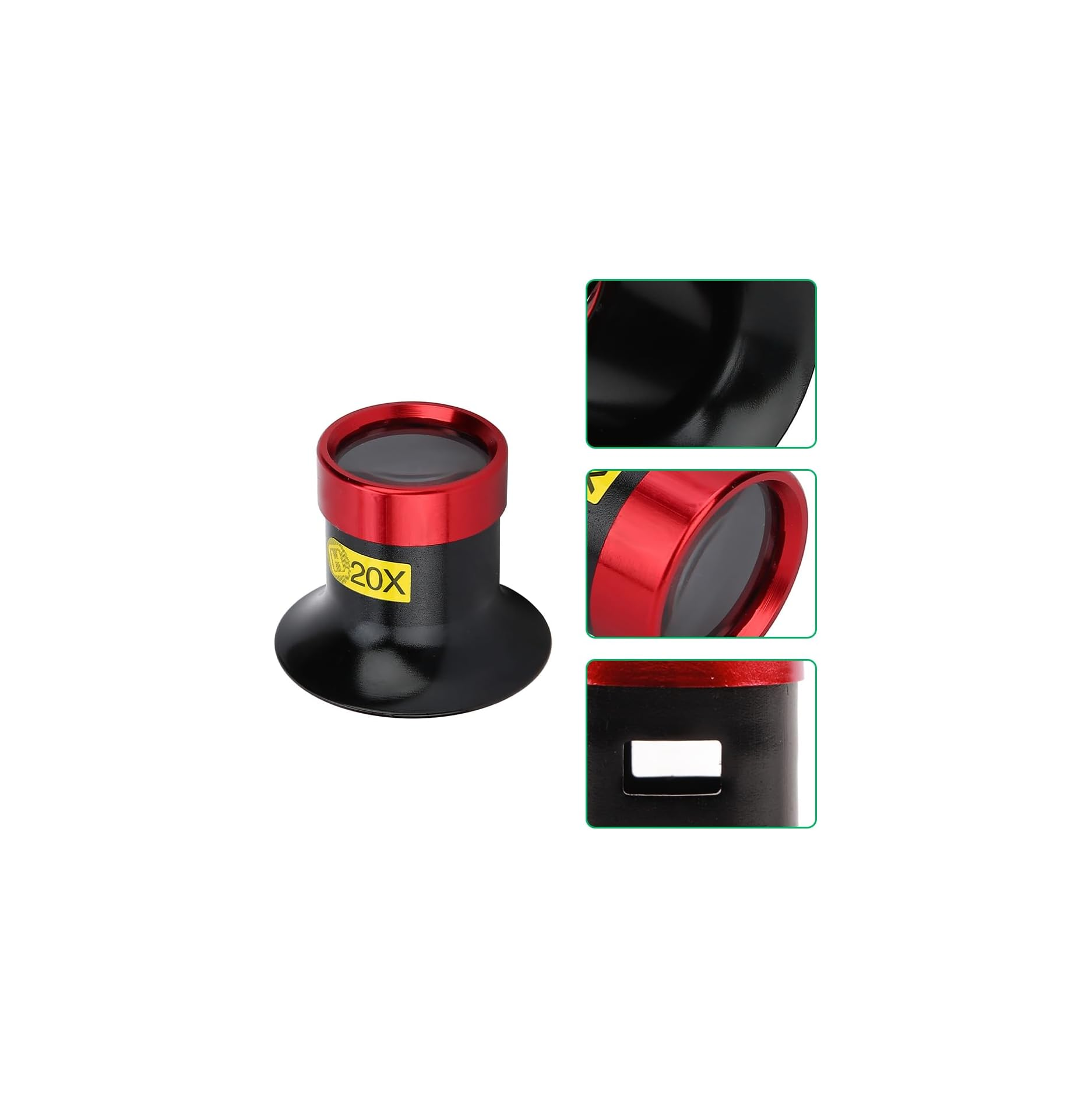 Eine schwarz-rote 20X Lupe mit Detailausschnitten.
