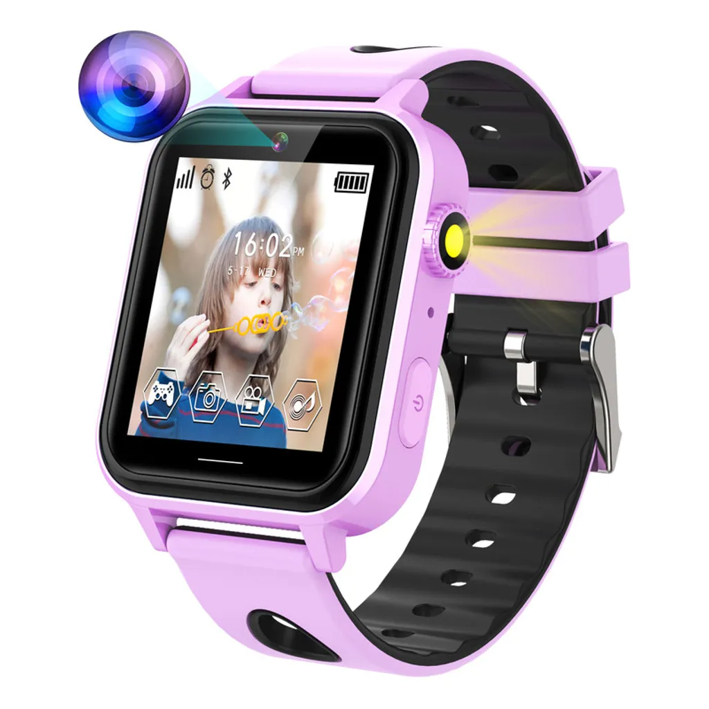 Rosa Smartwatch für Kinder mit Kamera, schwarzem Armband und digitalem Display, auf dem ein Mädchen mit Seifenblasen zu sehen ist.