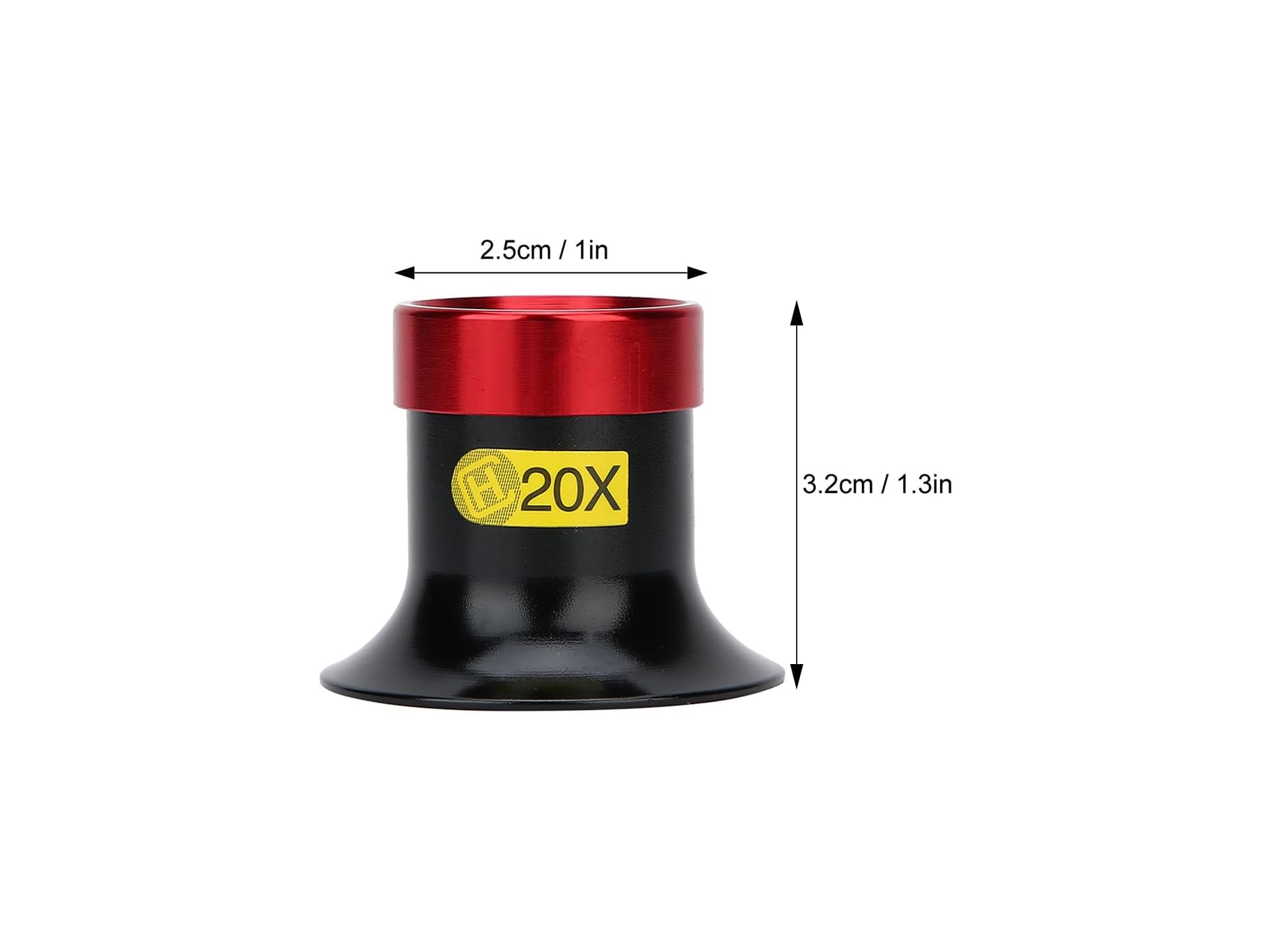 Ein schwarzes 20X Mikroskopobjektiv mit rotem Ring und Maßangaben auf weißem Hintergrund.