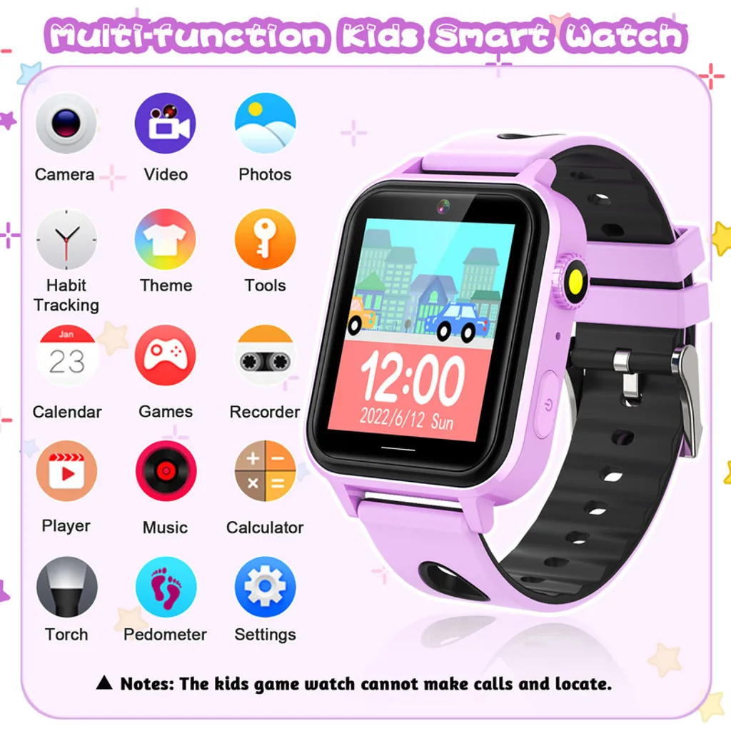 Lila Kinder-Smartwatch mit vielen Funktionen wie Kamera, Spielen und Taschenlampe auf rosa Hintergrund.