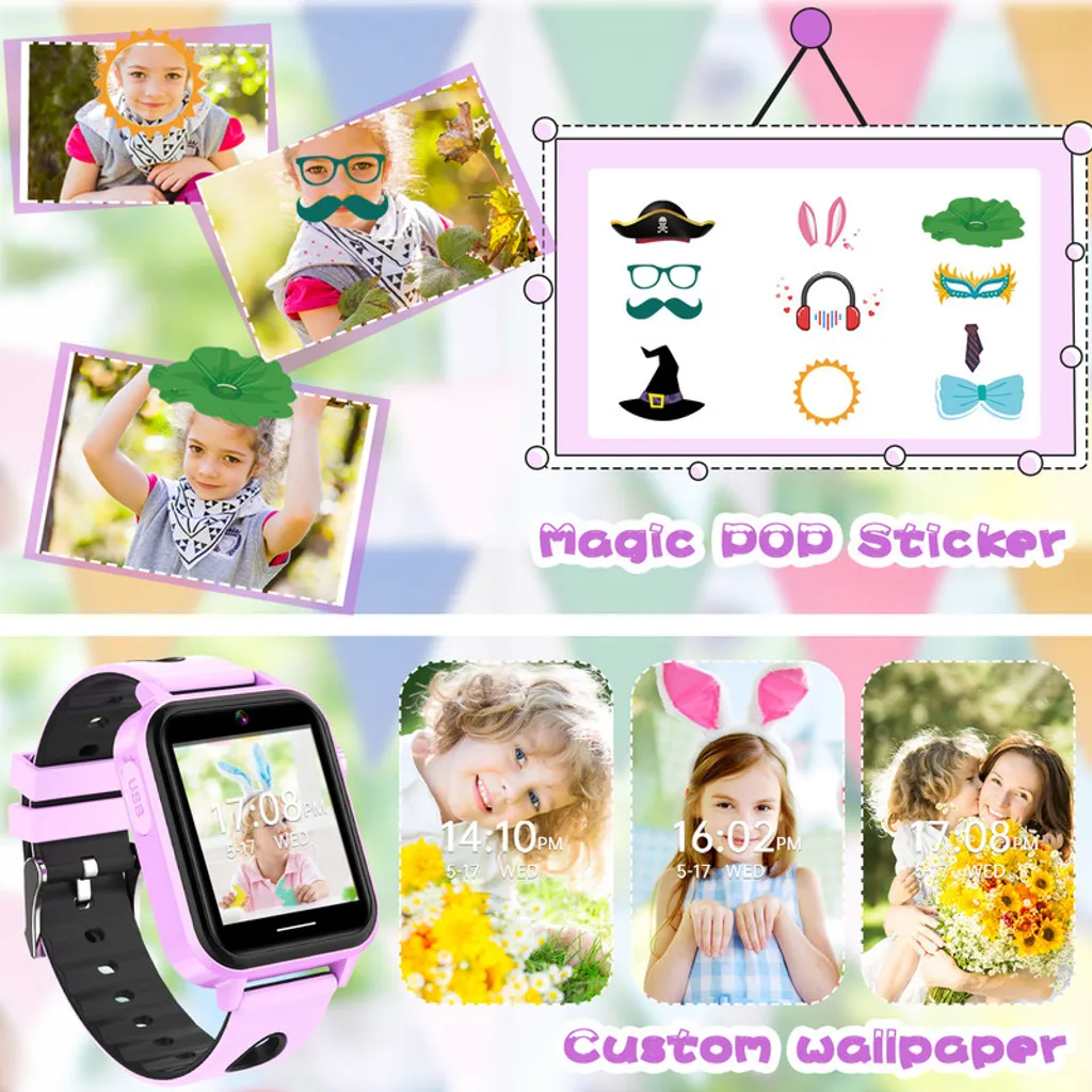 Eine rosa Kinder-Smartwatch mit Kamera, die benutzerdefinierte Hintergrundbilder und Zauberaufkleber zeigt.