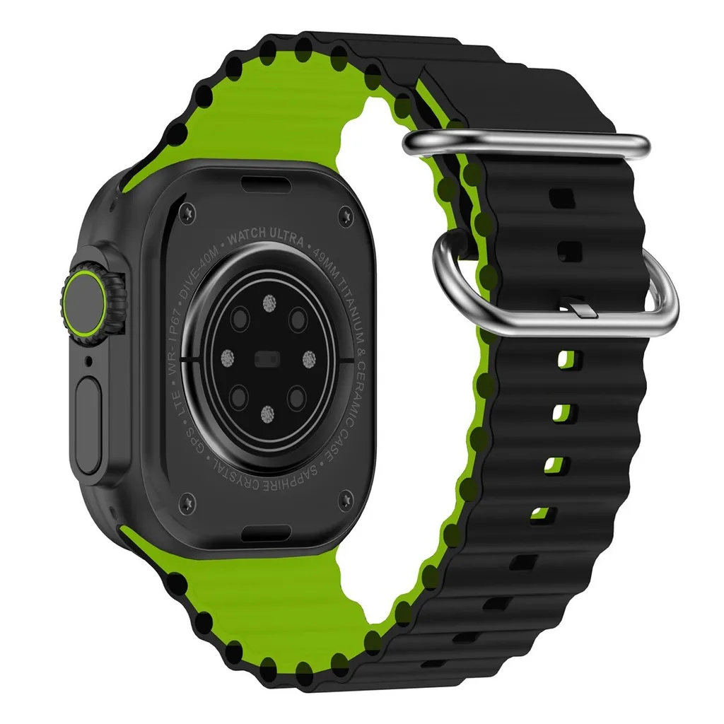 Eine schwarz-grüne Smartwatch mit geripptem Silikonarmband und Metallschnalle auf weißem Hintergrund.
