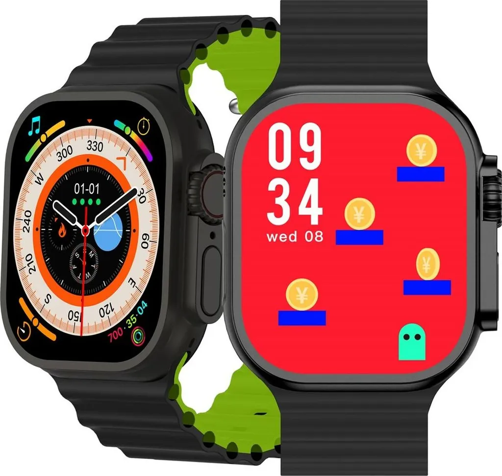 Zwei schwarze Smartwatches mit schwarz-grünen Armbändern und unterschiedlichen Zifferblättern.