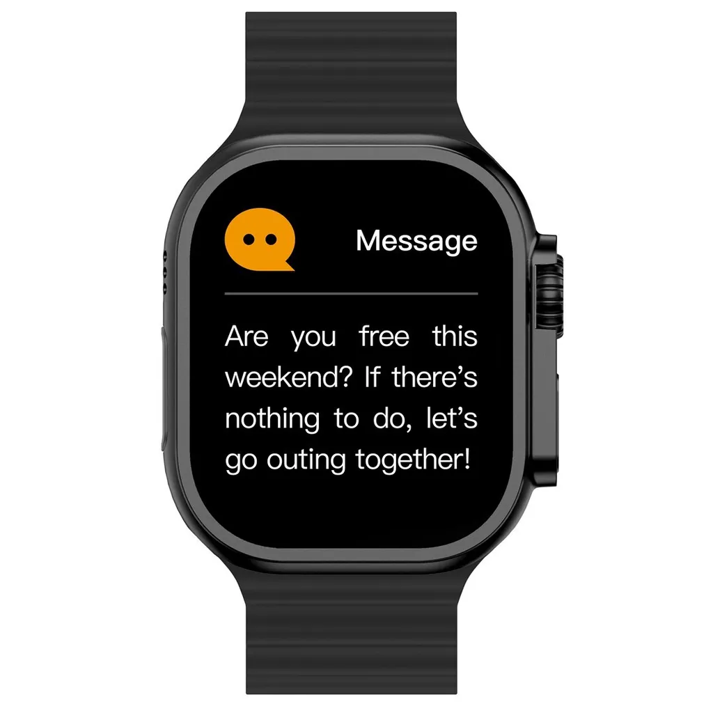 Eine schwarze Smartwatch zeigt auf ihrem Bildschirm eine Nachricht über Wochenendpläne.
