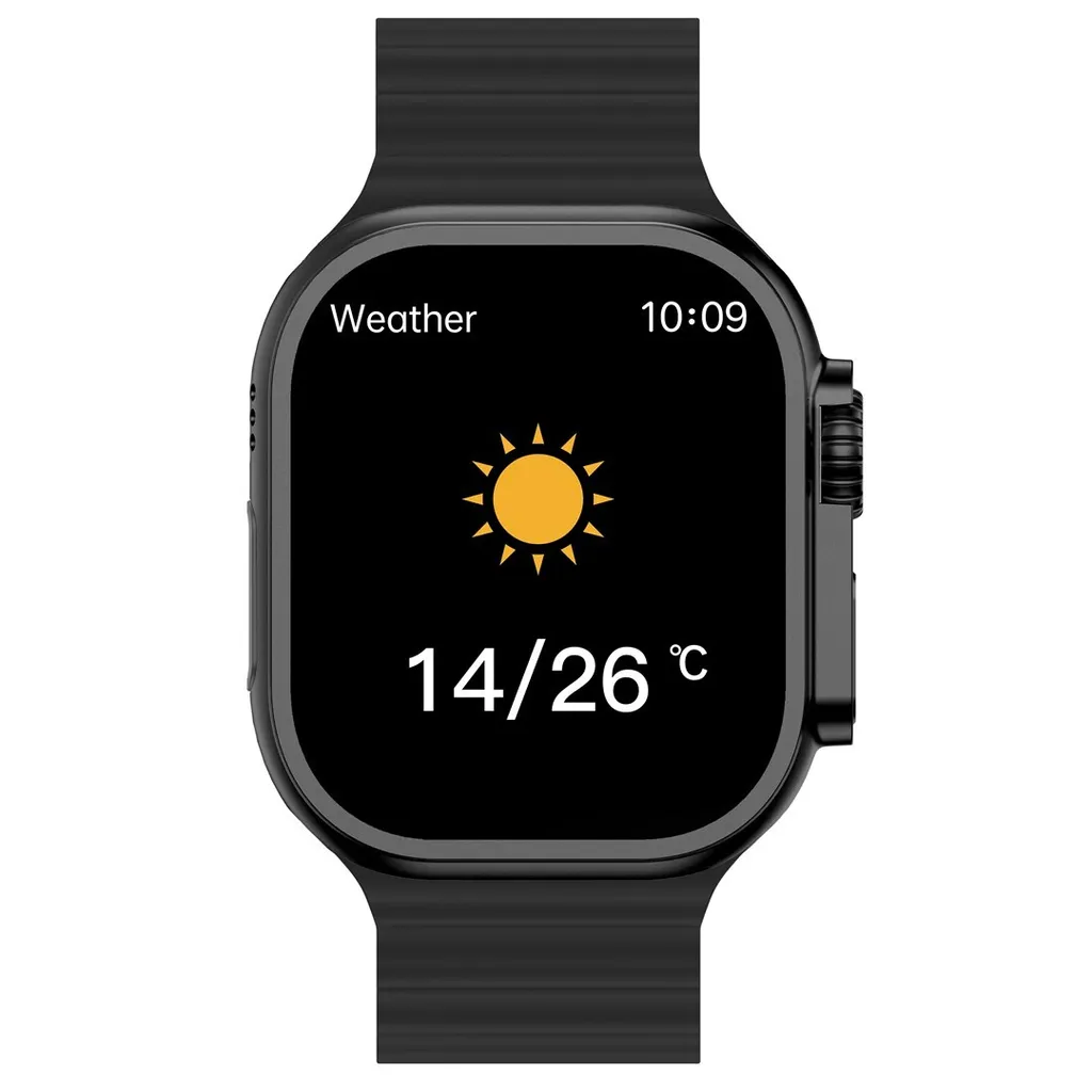 Schwarze Smartwatch mit Wetter-App, die sonniges Wetter und Temperaturen von 14 bis 26 Grad anzeigt.