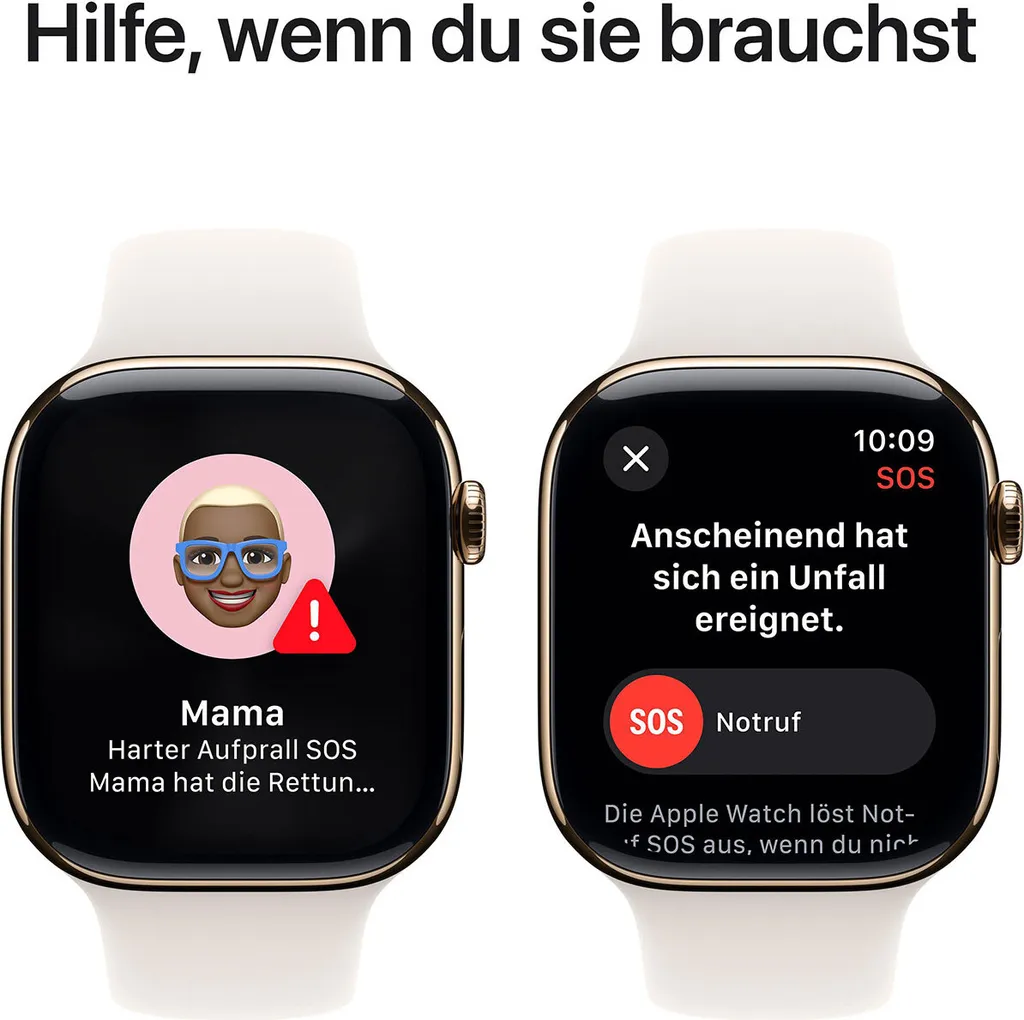 Zwei Apple Watches mit Notfall-SOS-Funktionen und Warnmeldungen auf den Displays.