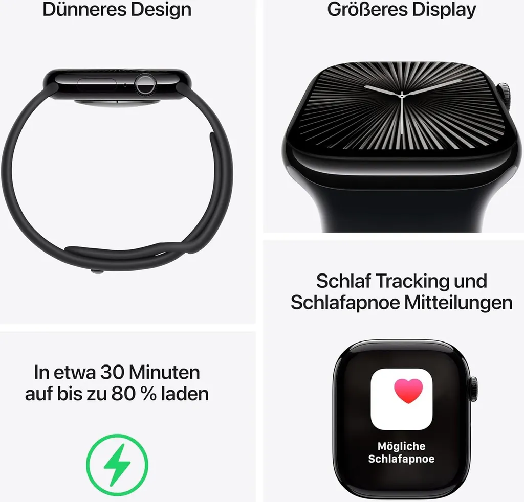 Vier Bilder zeigen Apple Watch-Funktionen: dünneres Design, größeres Display, Schlaf-Tracking und schnelles Laden.