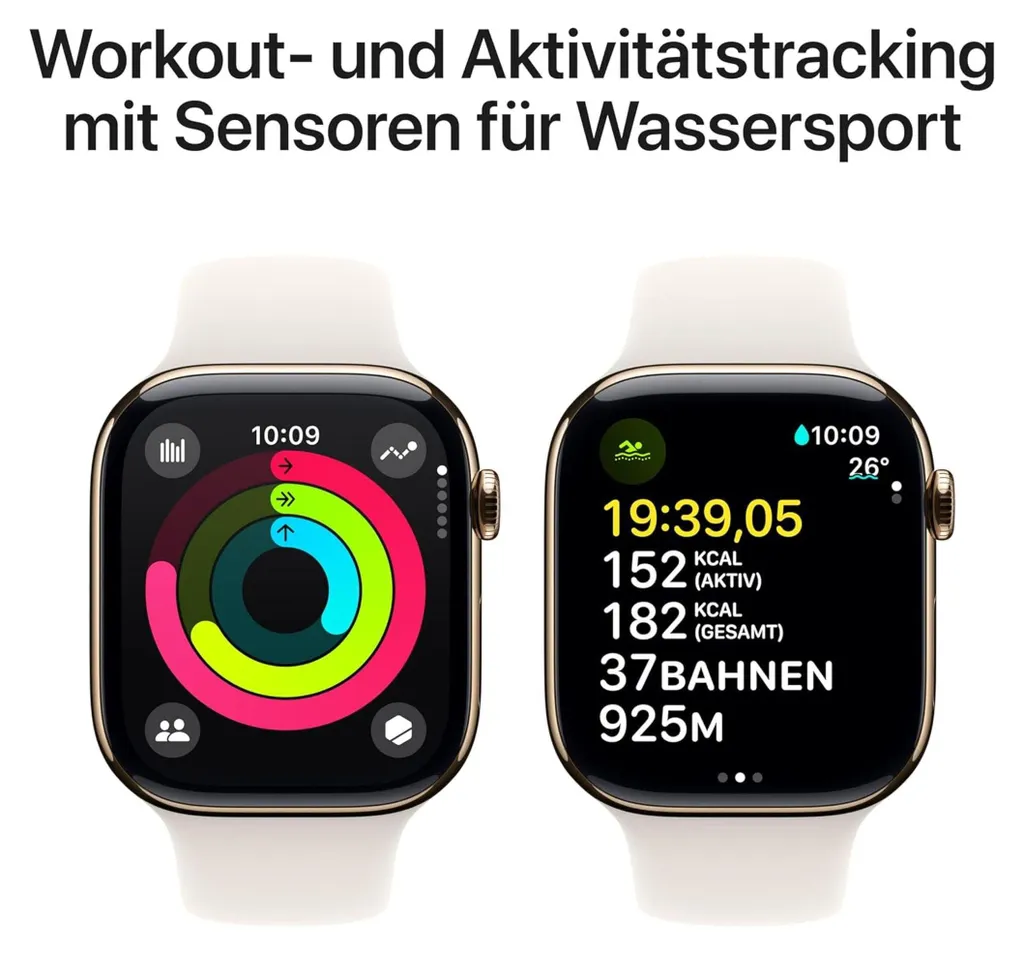 Zwei goldene Smartwatches mit weißen Armbändern zeigen Aktivitätsringe und Wassersport-Trainingsdaten.