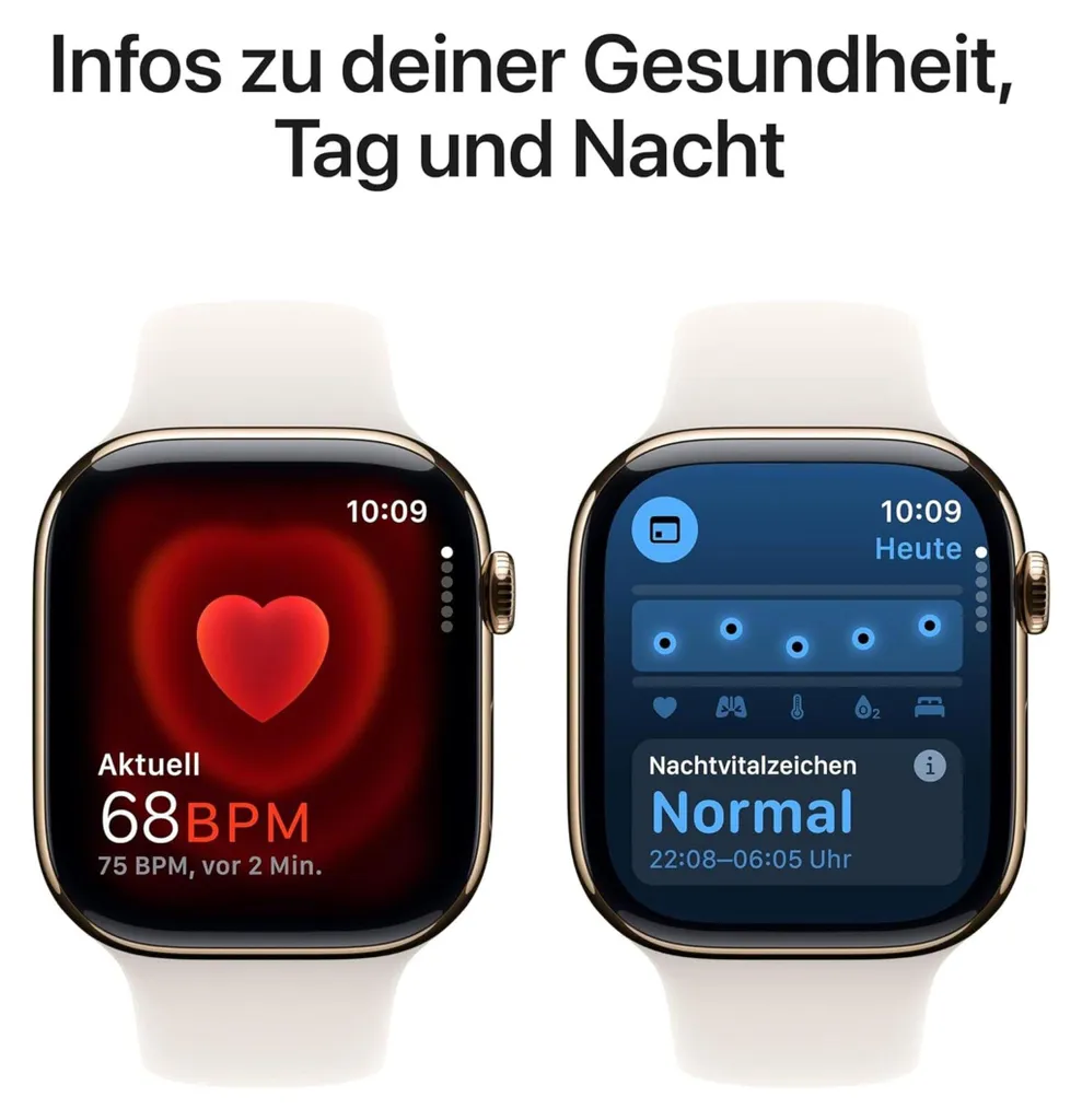 Zwei Smartwatches mit Gesundheitsdaten: eine zeigt 68 BPM, die andere blaue Schlafwerte auf Normal.