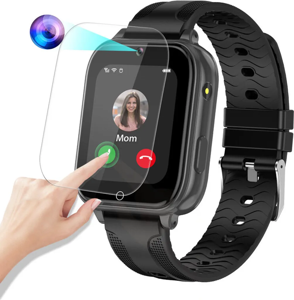 Schwarze Smartwatch mit Kamera, angerufener Person auf dem Display und einer Hand, die den Bildschirm berührt.